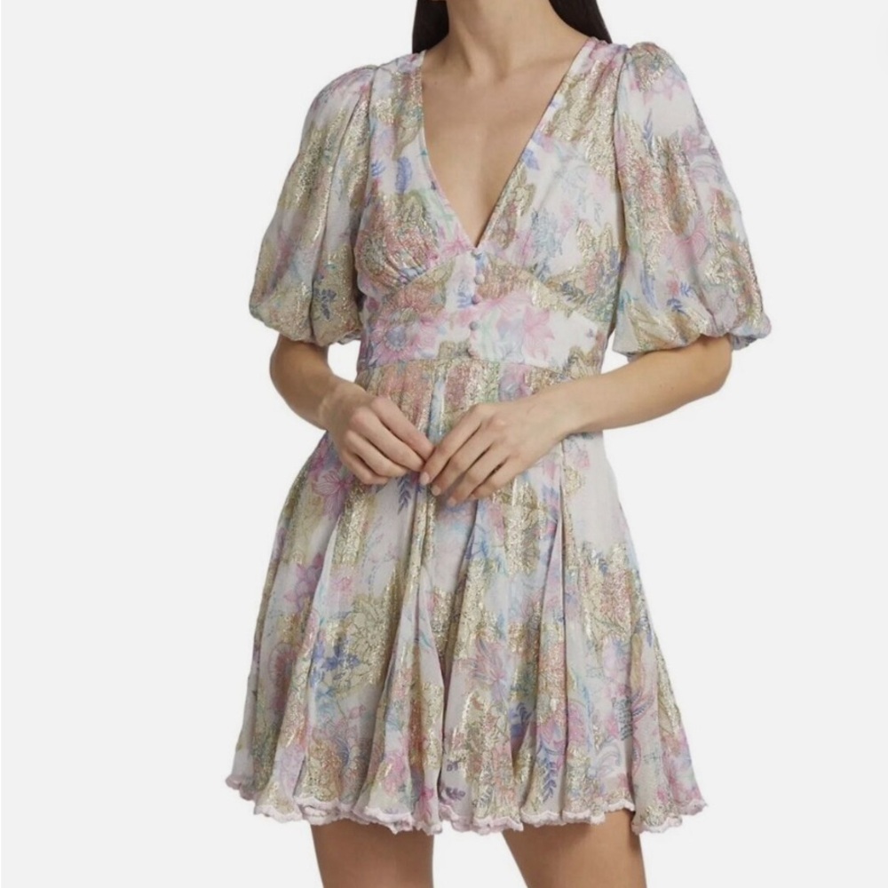 HEMANT & NANDITA Metallic Floral Puff-Sleeve Minidress size Small